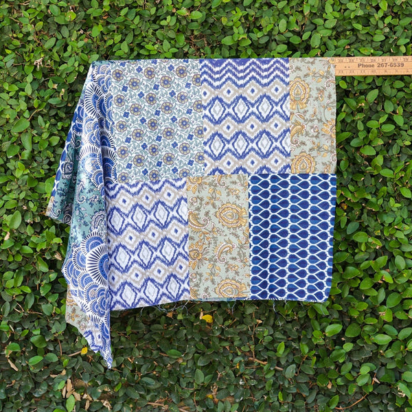 Blue Blocked Patchwork Cotton Voile - Remnant